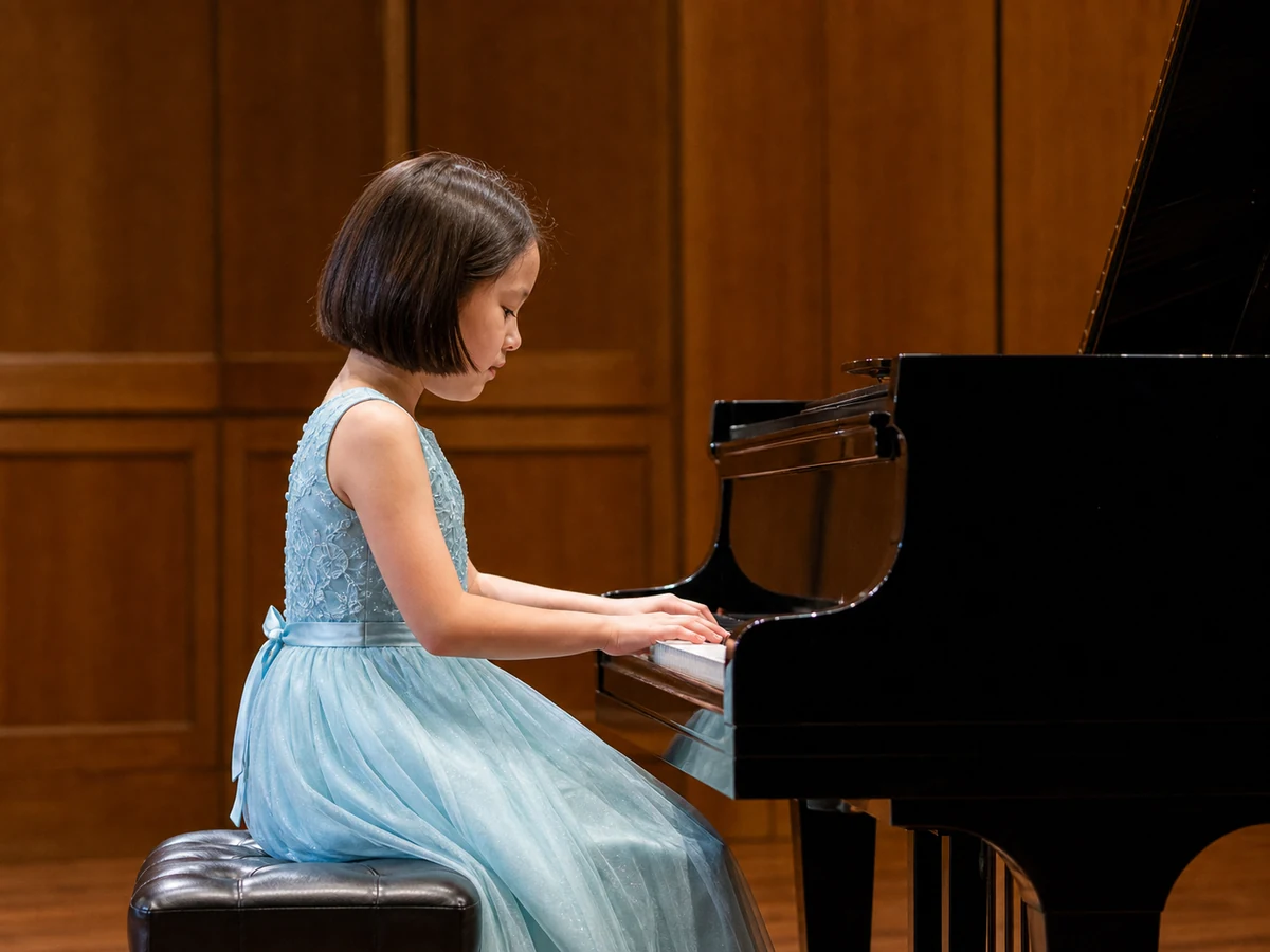 A young piano student performing at a recital