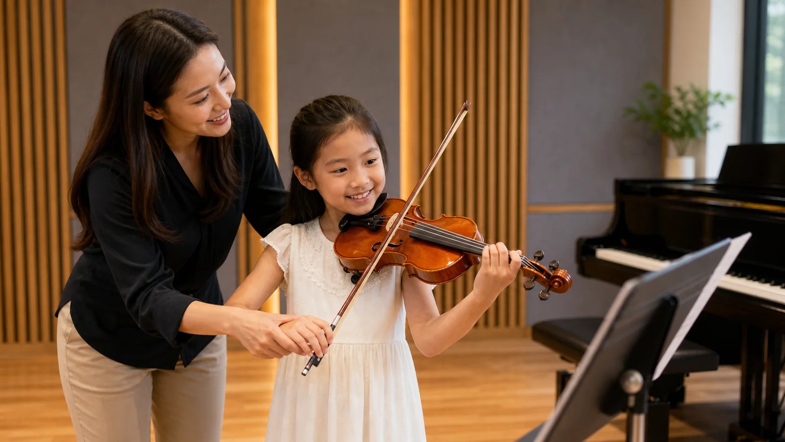 An instructor guiding a young violin student's bow hand